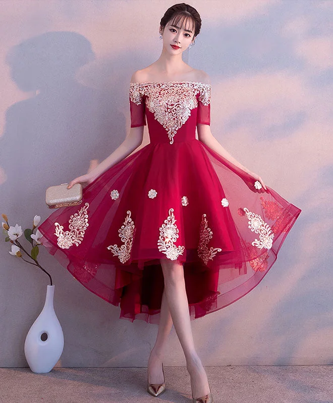 Weekend Price Slash Day Burgundy Tulle High Low Prom Dress, Burgundy Lace Bridesmaid Dress