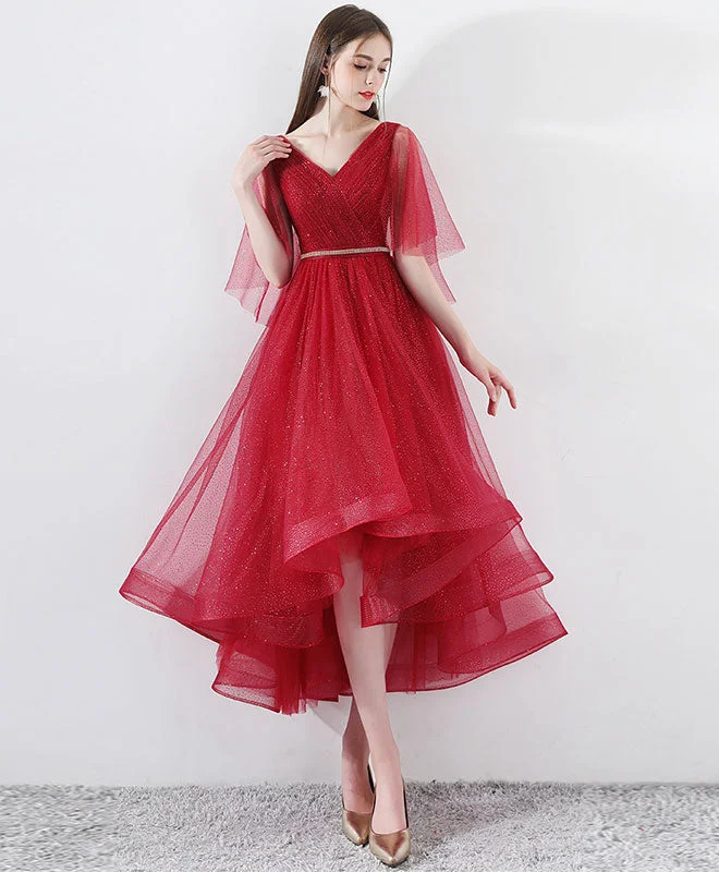 Weekend Shopping Madness Burgundy Tulle High Low Prom Dress, Burgundy Tulle Evening Dress