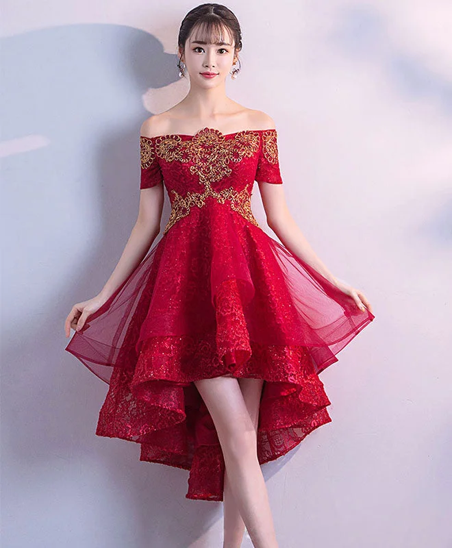 Weekend Super Sale Frenzy Burgundy Tulle Lace High Low Prom Dress, Burgundy Tulle Homecoming Dresses