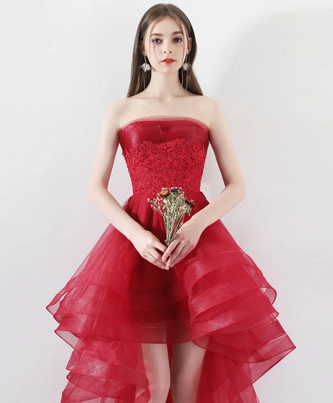 Flash Offer Burgundy Tulle Lace High Low Prom Dresses, Burgundy Tulle Homecoming Dress