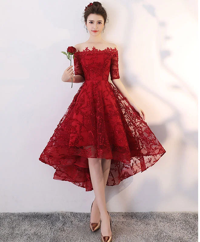 Deal Frenzy Burgundy Tulle Lace High Low Prom Dress, Homecoming Dress