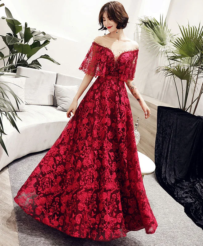Weekend Markdown Madness Burgundy Tulle Lace Long Prom Dress, Burgundy Lace Evening Dress