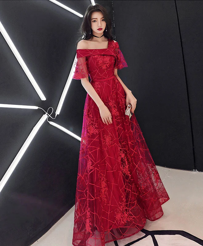 Hurry, Don’t Miss Out Burgundy Tulle Lace Long Prom Dress Burgundy Lace Formal Dress