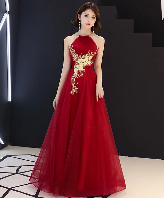 Weekend Mega Deals Burgundy Tulle Lace Long Prom Dress, Burgundy Tulle Evening Dress
