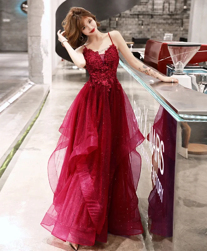 Weekend Exclusive Offers You’ll Love Burgundy V Neck Tulle Lace Long Prom Dress Burgundy Evening Dress