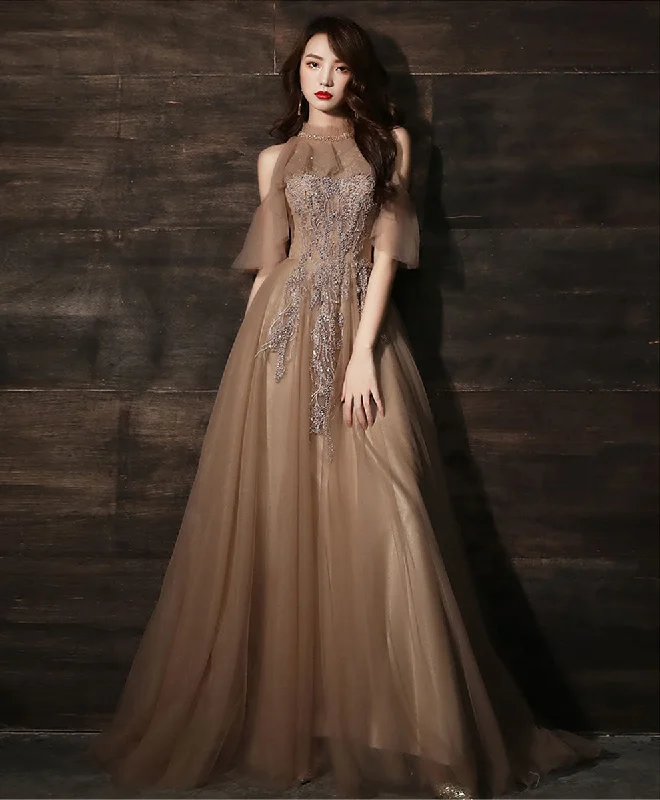 Instant Discount Champagne High Neck Tulle Lace Long Prom Dress Formal Dress