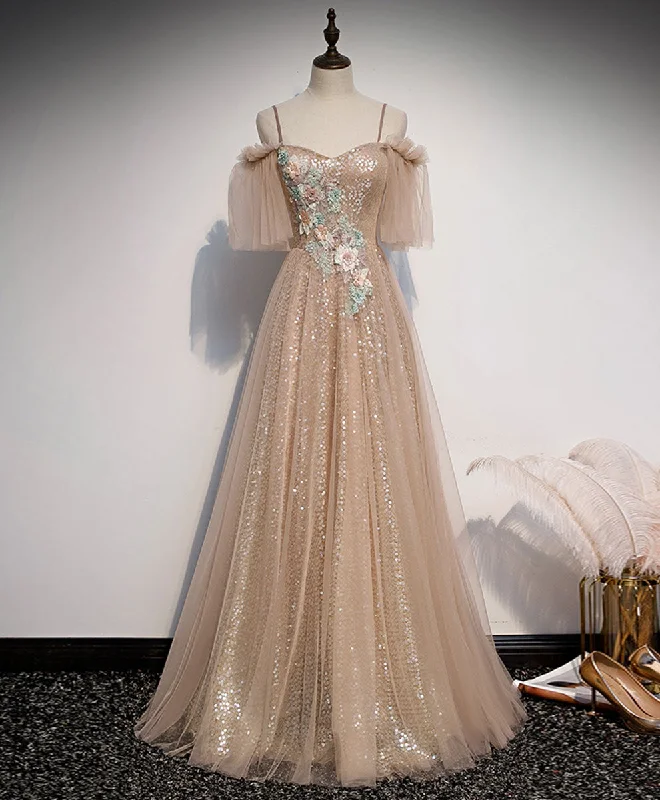 Weekend Markdowns Galore Champagne Sweetheart Tulle Lace Long Prom Dress Tulle Formal Dress