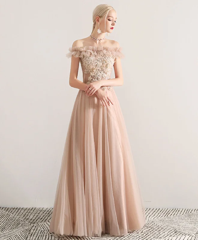 Weekend Bargain Shopping Champagne Tulle Lace Long Prom Dress, Champagne Tulle Evening Dress