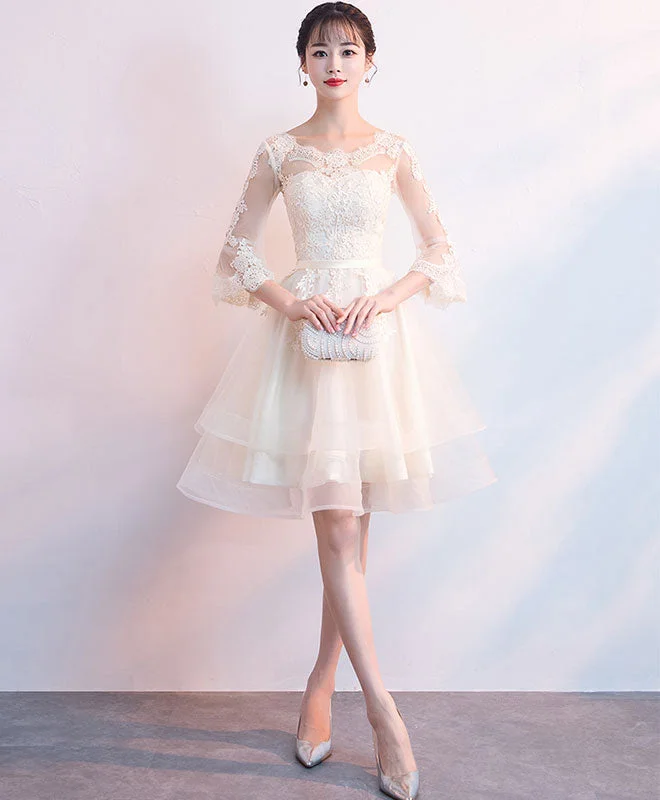 Weekend Flash Markdown Champagne Tulle Lace Short Prom Dress, Champagne Homecoming Dress