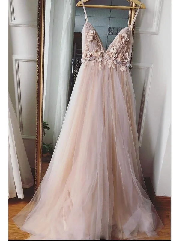 Weekend Deals Galore Champagne V Neck Tulle Floral Wedding Dresses, Champagne V Neck Tulle Prom Dresses Graduation Formal Dresses
