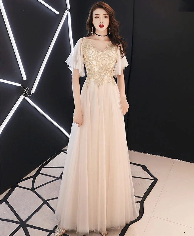 Today Only Champagne V Neck Tulle Lace Long Prom Dress Champagne Evening Dress