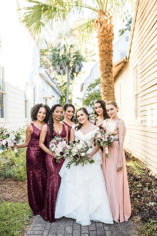 Best Price Guarantee V Neck Sleeveless Burgundy Sequin Bridesmaid Dresses
