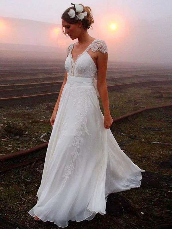 Weekend Price Slash Cheap Wedding Dresses A-line V-neck Sweep Train Lace Ivory Simple Bridal Gown JKW176
