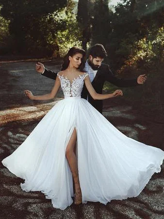 Weekend Deal Fever Cheap Wedding Dresses Floor-length A-line Appliques Simple Chiffon Bridal Gown JKW235