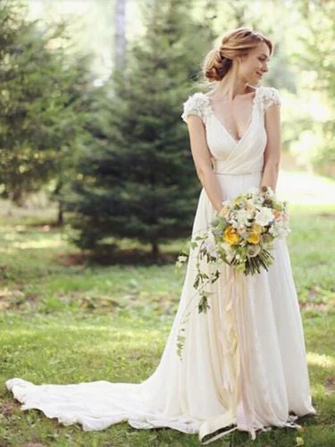 Limited-Time Flash Deal Cheap Wedding Dresses V-neck Brush Train Chiffon Sexy Lace Long Bridal Gown JKW166