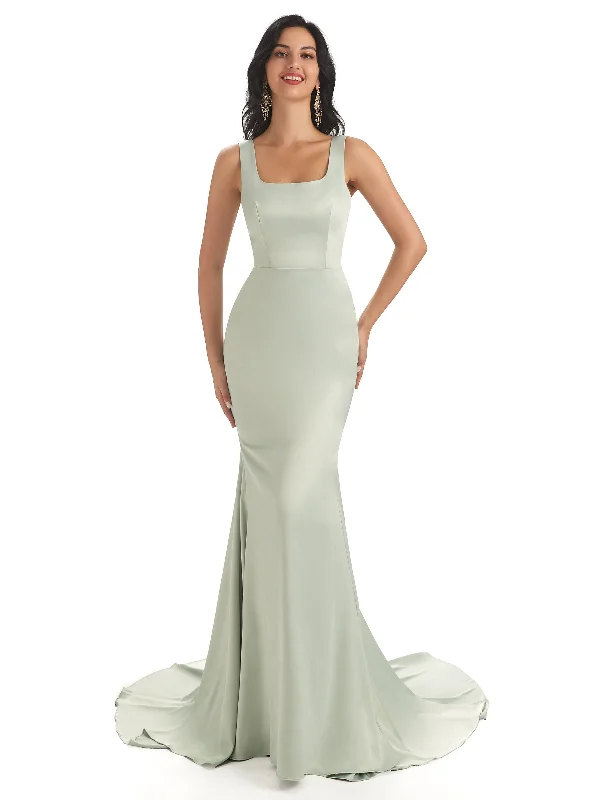 Weekend Steals and Deals Soft Satin Unique Square Neckline Maxi Long Mermaid Bridesmaid Dresses