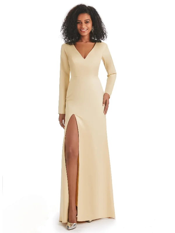 Super Savings Soft Satin Side Slit Long Sleeves V-neck Long African Mermaid Bridesmaid Dresses