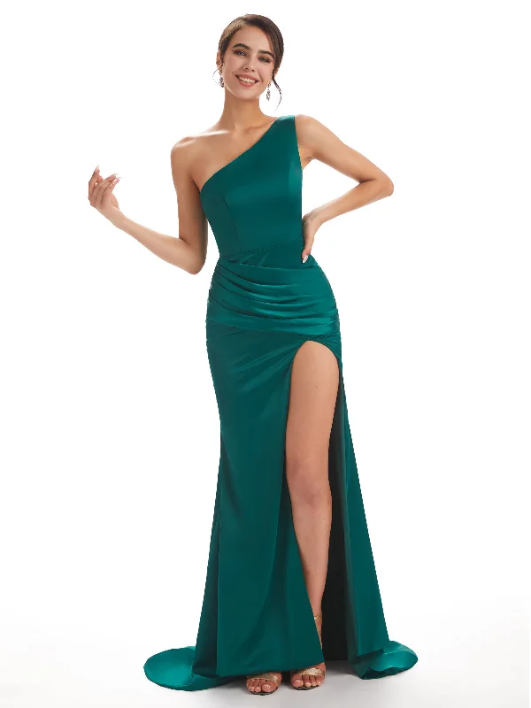 Sexy Soft Satin Side Slit One Shoulder Long Mermaid Bridesmaid Dresses Online