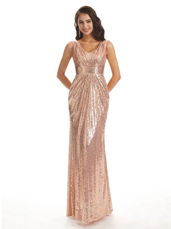 Big Discount Event Sparkly V-neck Sequin Long Mermaid Bridesmaid Dresses Online