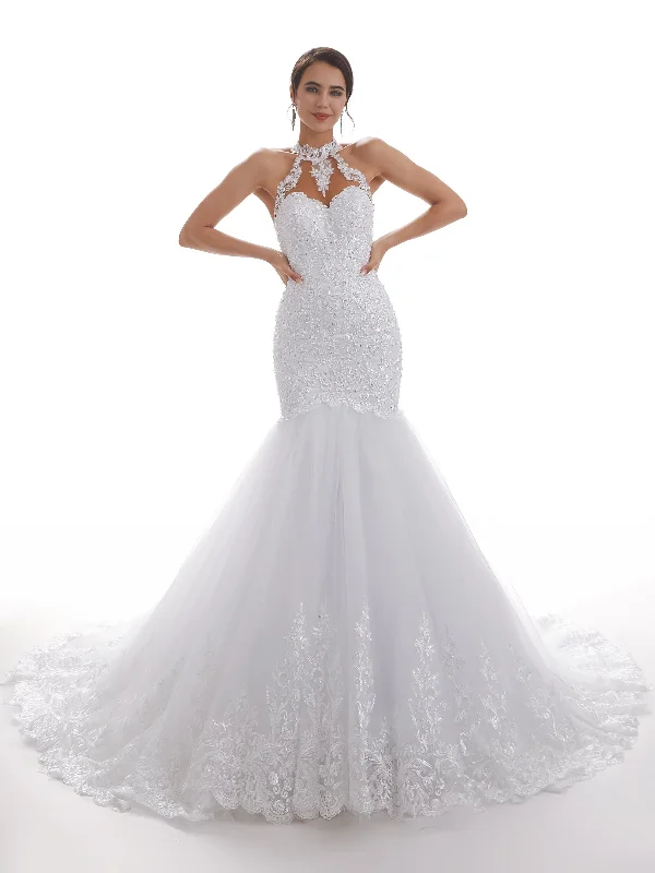 Best Deal of the Day Halter Sexy Mermaid Open Back Long Lace Wedding Dresses