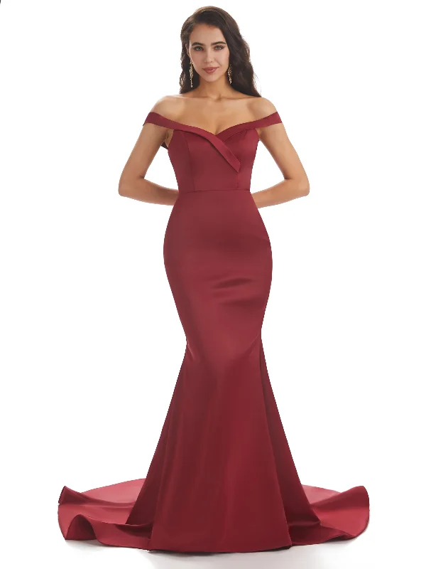 Weekend Flash Markdown Elegant Off The Shoulder Soft Satin Mermaid Long Bridesmaid Dresses Online