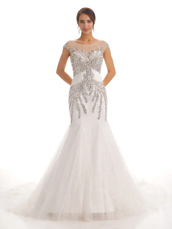 Price Slash Event Cap Sleeves Scoop Long Mermaid Rhinestone Long Wedding Dresses