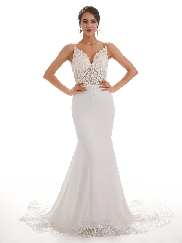 Hot Deals Spaghetti Straps Mermaid Ivory Backless Lace Wedding Dresses