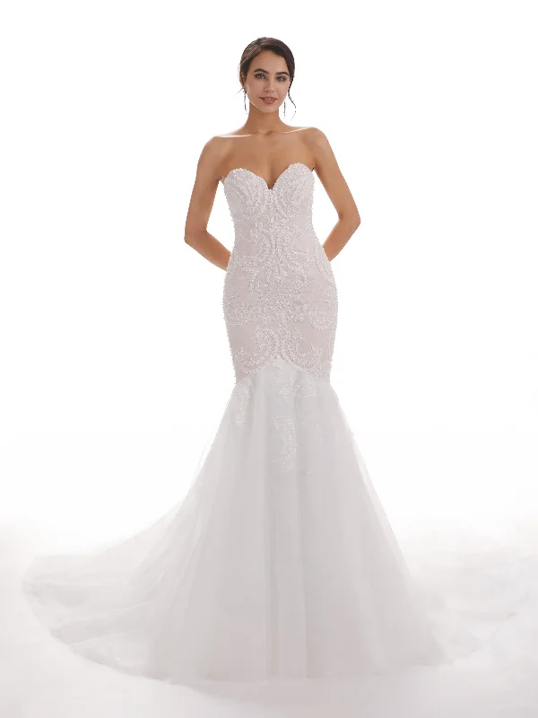 Limited-Time Bargains Sweetheart Long Mermaid Ivory Backless Lace Wedding Dresses