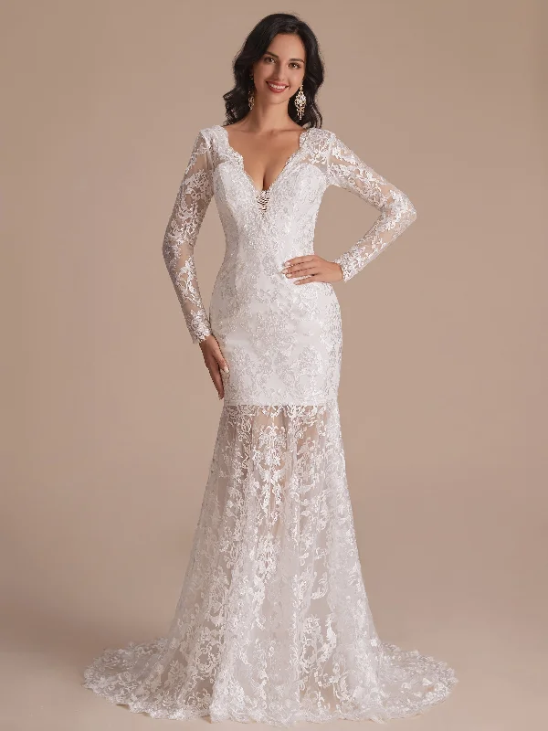Special Offers Long Sleeves V-neck Mermaid Backless Lace Wedding Dresses