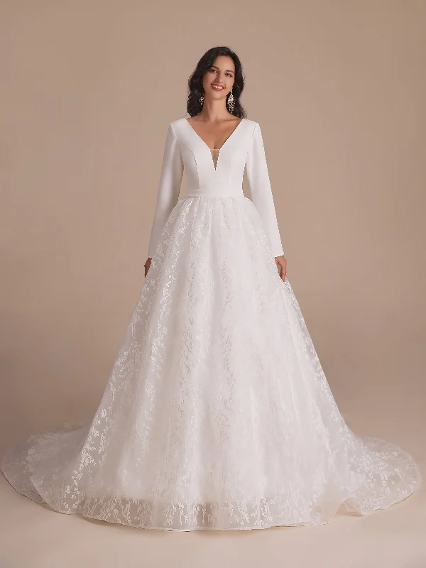 Weekend Best Price Deals Long Sleeves V-neck A-line Backless Lace Wedding Dresses Online