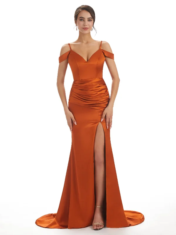 Final Sale Event Sexy Off The Shoulder Soft Satin Side Split Long Mermaid Bridesmaid Dresses