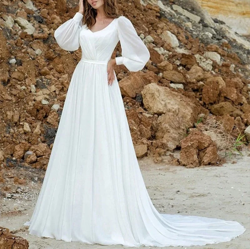 Weekend Limited-Time Offers Chiffon A-Line Plus Size V-Neck Puff Sleeve Wedding Dress