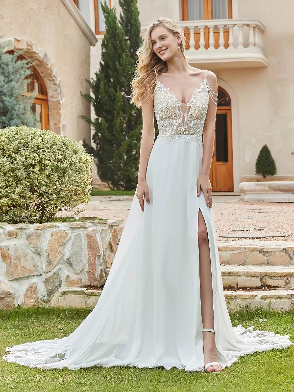 Weekend Super Sale Alert Chiffon lace A-line button wedding dress