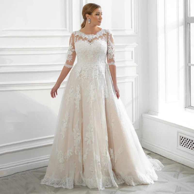 Unseen Savings Classic A Line Half Sleeves Lace Applique Wedding Dress WD1017