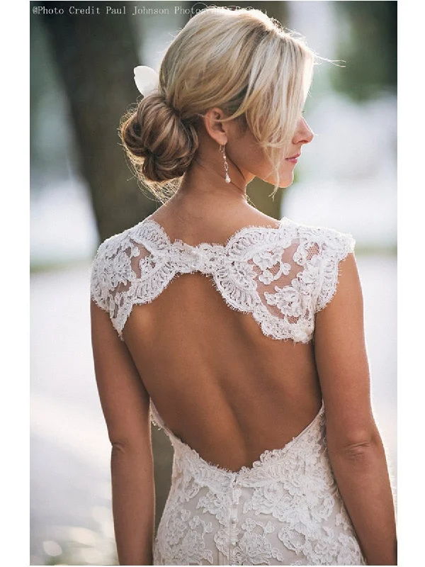 Custom Made A Line Backless V Neck Ivory Lace Wedding Dress, Lace Bridal Dress,Lace Wedding Gown