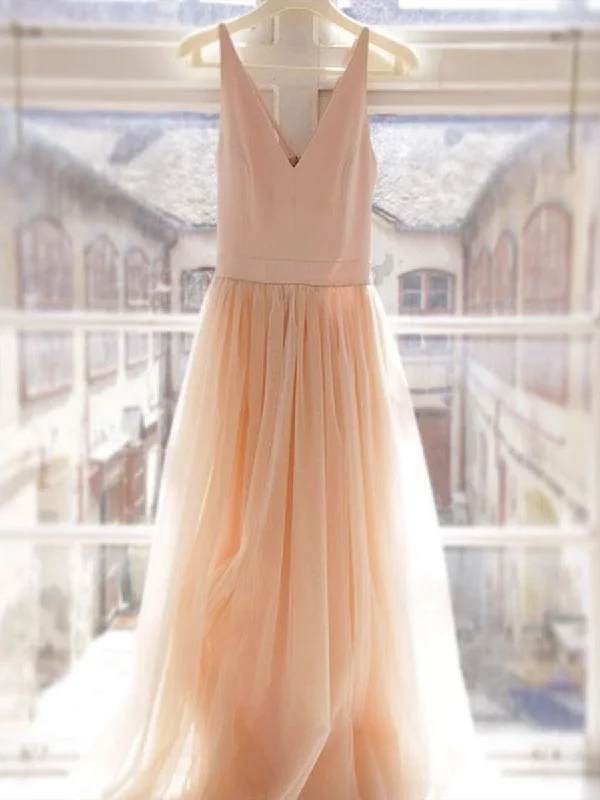 Limited Quantity Custom Made A Line V Neck Champagne Tulle Prom Dresses, Champagne Wedding Dresses, A Line V Neck Graduation Dresses