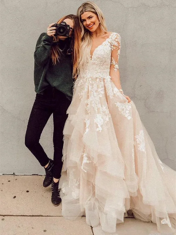 Today Only Custom Made V Neck Long Sleeves Champagne Wedding Dresses, Champagne Wedding Gowns, Long Sleeves High Low Prom Dresses
