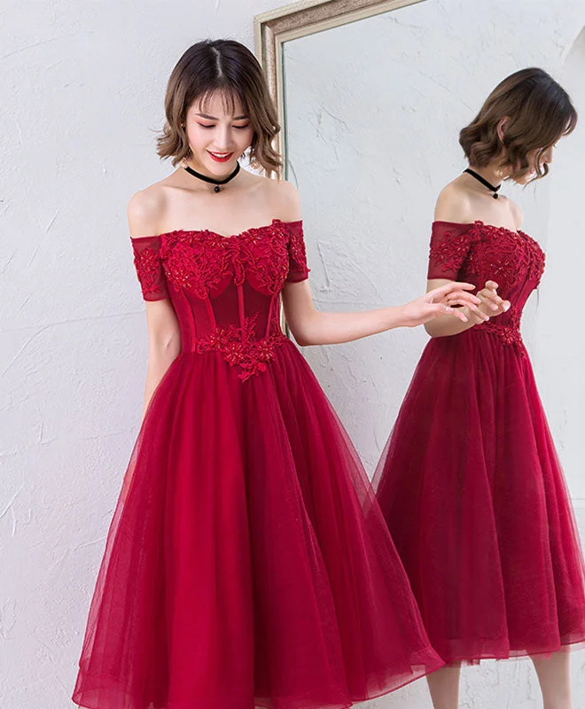 Offer Ending Soon Cute Burgundy Off Shoulder Short Prom Dress, Evening Dress