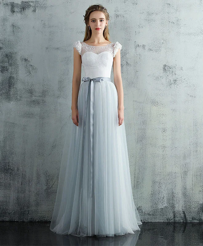 Price Slash Event Cute Gray Tulle Lace Long Prom Dress, Gray Evening Dress