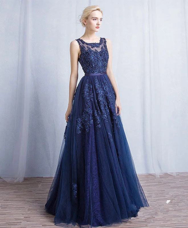 Today’s Special Discount Dark Blue Round Neck Tulle Lace Applique Long Prom Dress