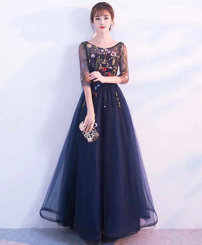 Weekend Deal Fever Dark Blue Tulle Lace Long Prom Dress, Blue Evening Dress