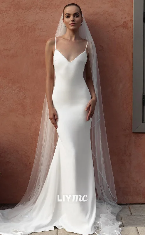Exclusive Pricing LW397 - Spaghetti Straps V-Neck Backless Sleek Satin Beach Wedding Dress