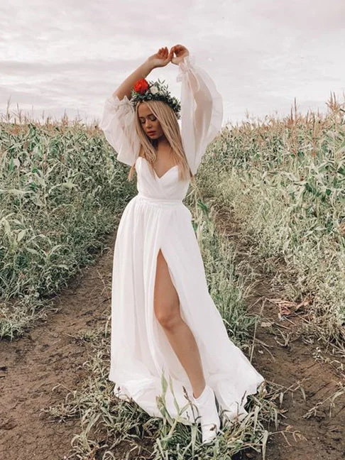 Weekend Wonders Detachable Sleeves Simple Ivory Prom Dresses, Wedding Dresses, Side Slit Long Prom Dresses, 2022 Prom Dresses