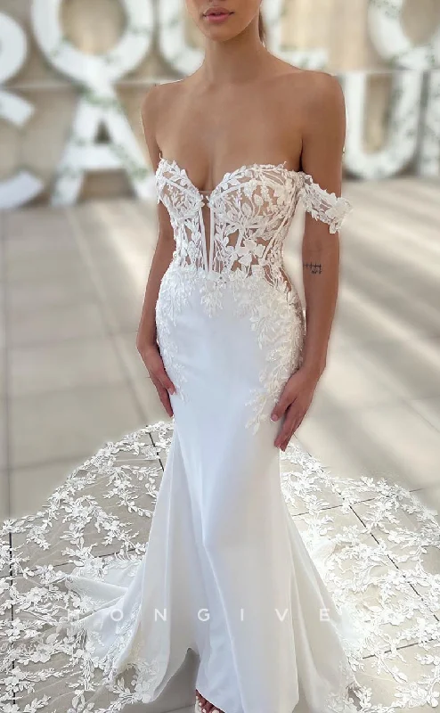 Weekend Low Prices H1184 - Sexy Satin Trumpt Off-Shoulder Illusion Empire Appliques With Train Boho/Beach Wedding Dress