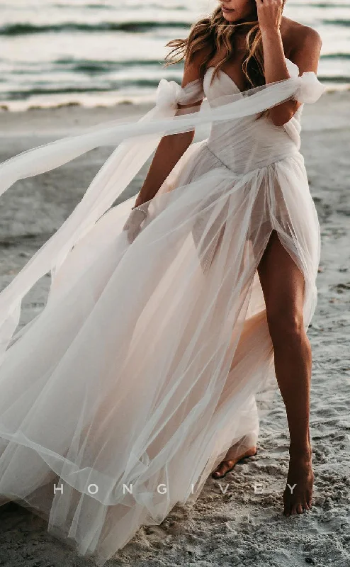 Weekend Clearance Frenzy H1185 - Sexy Tulle Illusion A-Line Sweetheart Bowknot Strappy Empire With Side Slit Beach Wedding Dress
