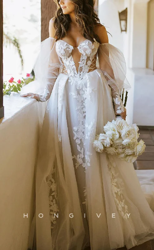 Weekend Shopping Fiesta H1186 - Sexy Tulle A-Line Off-Shoulder Long Sleeve Empire Appliques Boho Wedding Dress