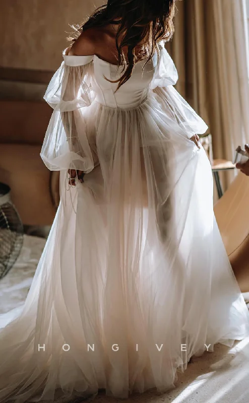 Weekend Sale Extravaganza H1187 - Sexy Tulle A-Line Illusion Off-Shoulder Long Sleeve Empire With Train Boho Wedding Dress