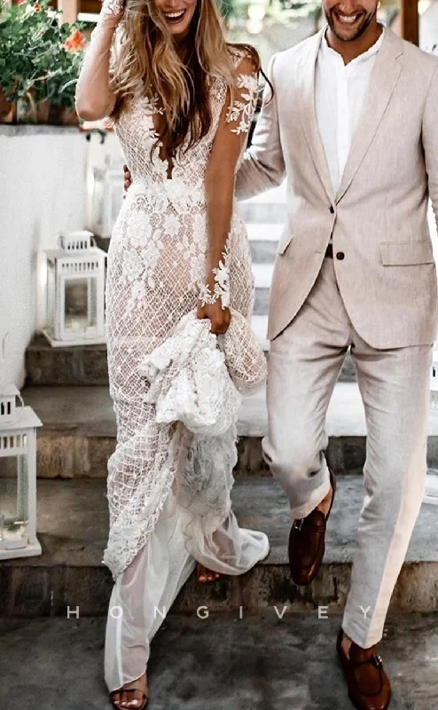 Weekend Top Offers H1189 - Sexy Fitted Illusion Plunging V-Neck Long Sleeve Empire Appliques Beaded Boho Wedding Dress