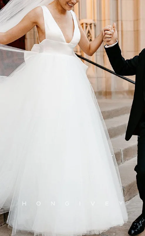 Weekend Shopping Spree H1195 - Sexy Tulle A-Line V-Neck Straps Empire Bowknot With Train Wedding Dress