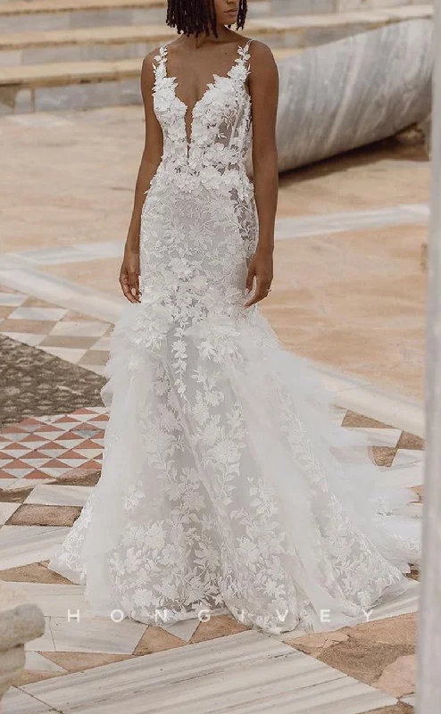 Weekend Discount Blast H1197 - Sexy Trumpt Lace V-Neck Spaghetti Straps Illusion Appliques With Train Boho/Beach Wedding Dress